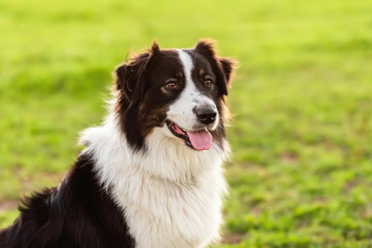Border Collie family dog sitting in grass.